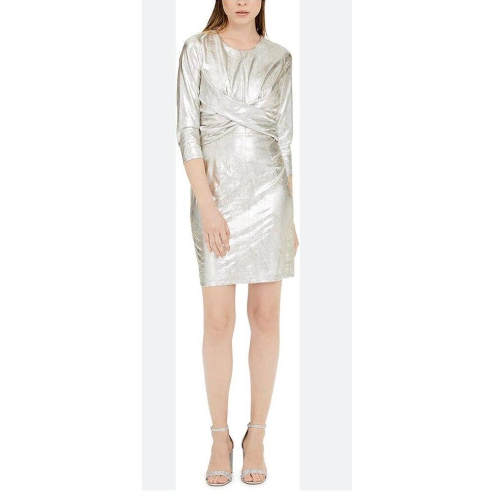 INC Women’s Sliver Metallic Cocktail Twisted-Front Sheath Dress Size L